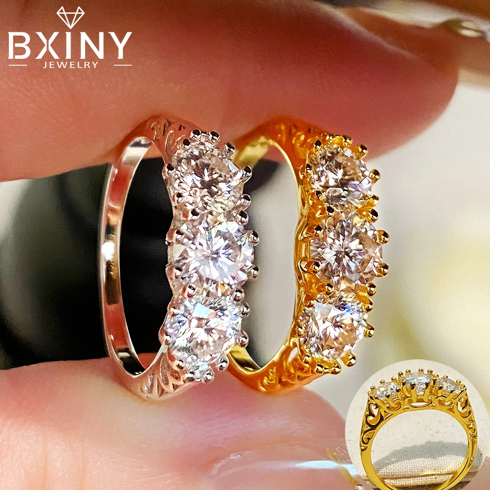 BXINY 3-Stone Round Moissanite Rings Pure S925 Silver for Women Certified Diamond Promise Wedding Vintage Band Gift Fine Jewelry