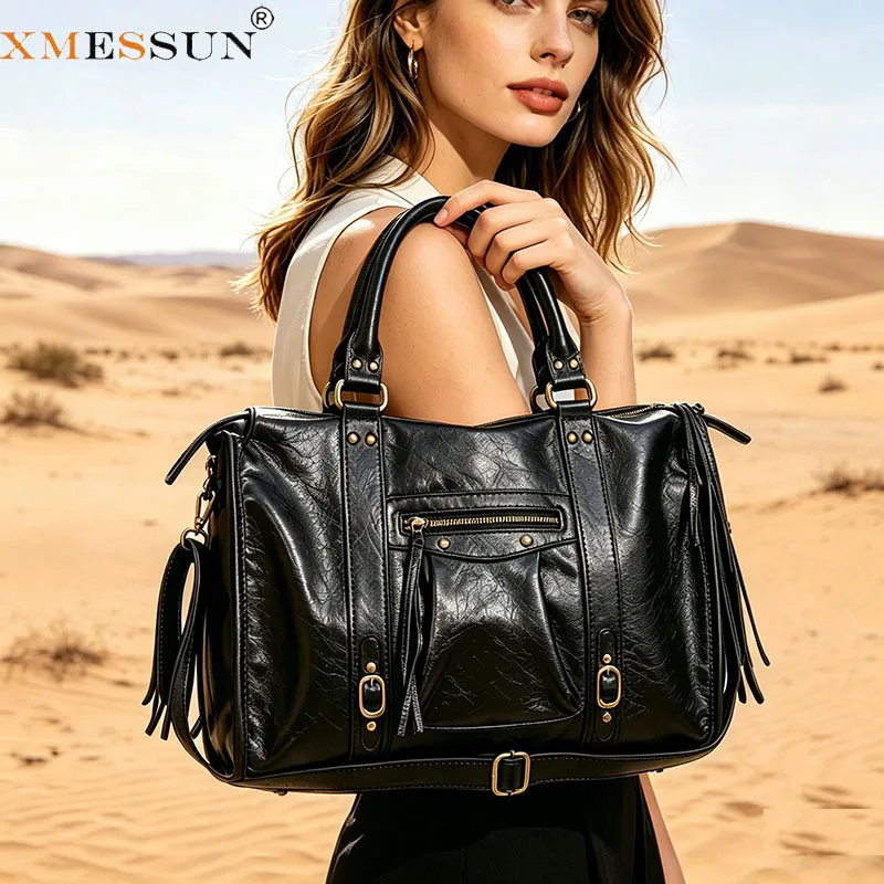 XMESSUN Neue Vintage-Handtasche aus weichem Leder, Modische Designer-Damenhandtasche mit großer Kapazität, Luxuriöse Schulter-Motorradtasche Ins