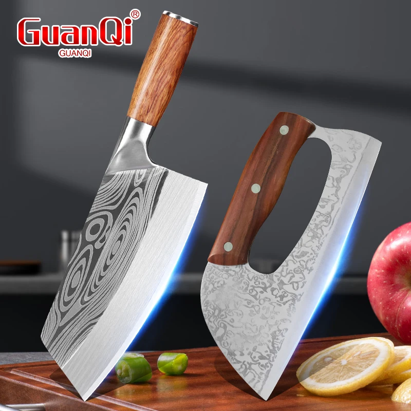 Hand Forged Kitchen Chopping Knife Stainless Steel Damascus Texture Wood Handle Household Meat Cutter Cleaver Chef Knife