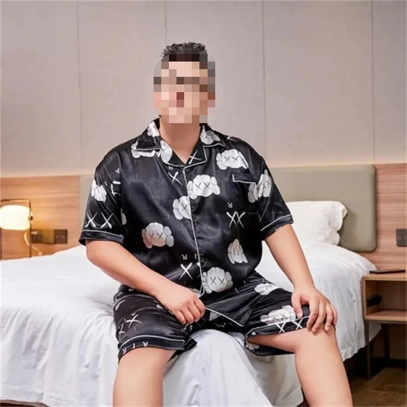 3XL-5XL 150 كجم حجم كبير ملابس خاصة فضفاضة الرجال بيجامة من الساتان الصيف الكرتون قصيرة الأكمام زر حتى بلوزات والسراويل Pj صالة مجموعة #4