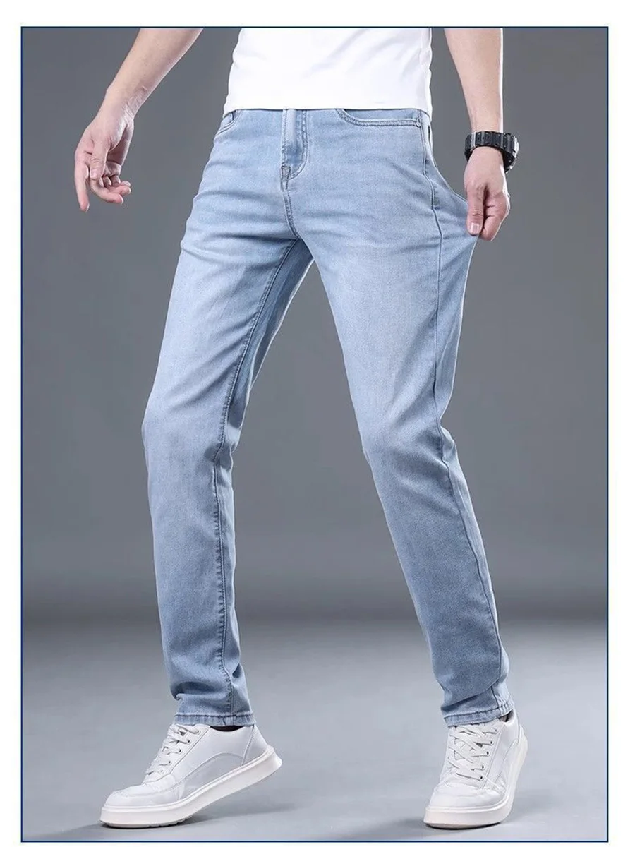 2025 بنطال جينز رجالي بقصة ضيقة مع موضة كاجوال عالية الجودة خفيفة الوزن للتخسيس متوفر بلونين أزرق فاتح أزرق