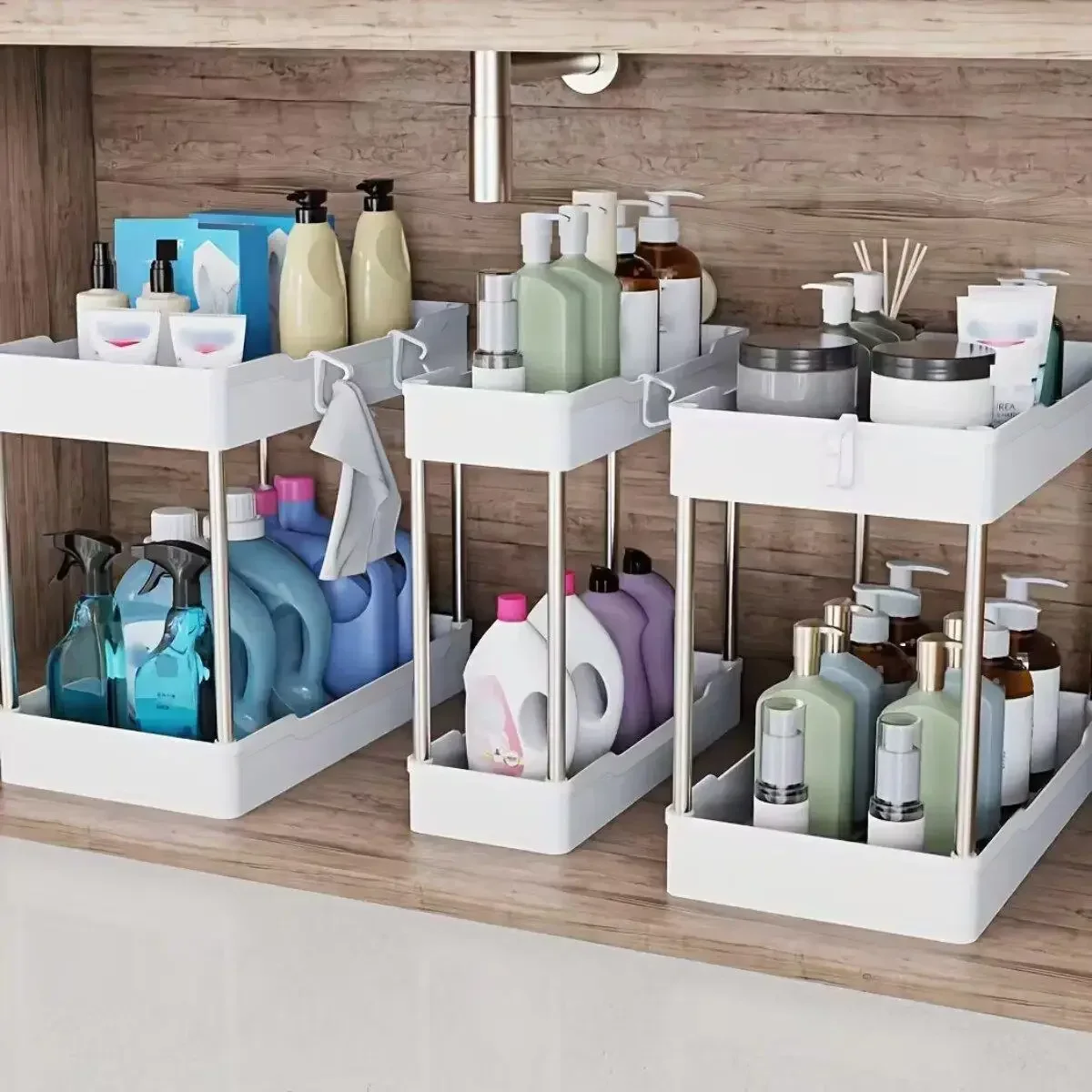 3Pcs/Set Under Sink Organizer 2-Tier Storage Rack Kitchen Cabinet Shelf Bathroom Vanity Countertop Container Space Saver Cleaning Supplies Holder Small Medium Large Multipurpose Pantry Shelving Home Organization