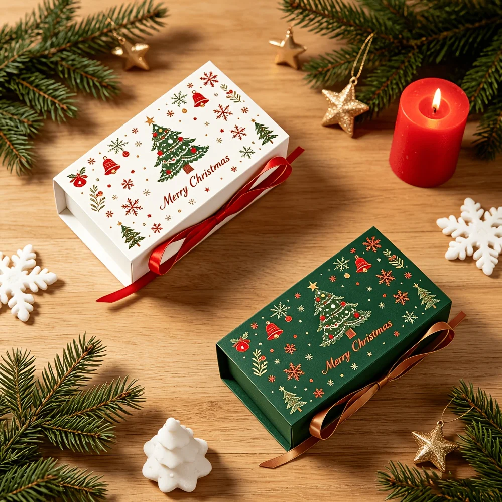 10-teiliges Weihnachtsgeschenkbox-Set mit Band, Weihnachtsbaum-Schneeflocken-Geschenkbox, Verpackungsbox, für Feiertage, Hochzeiten, kleine Geschenke – Detail 2