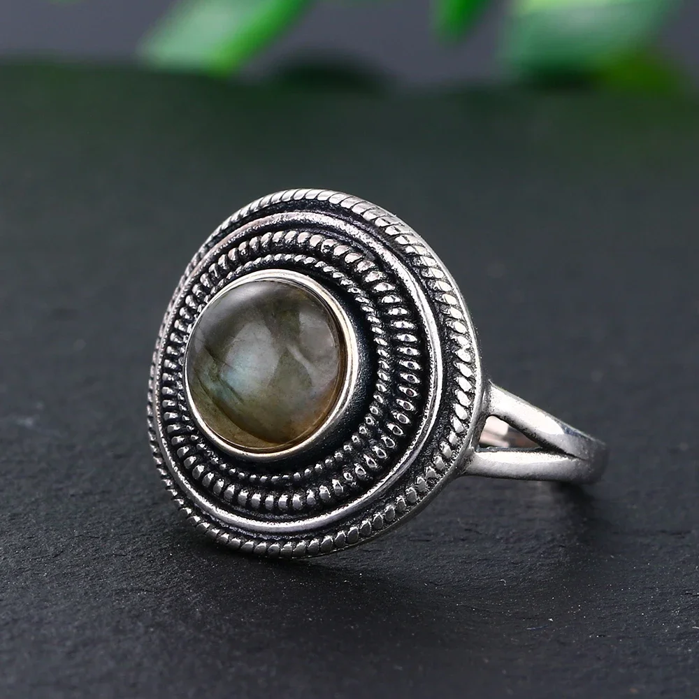 Nasiya Round 8MM Natural Labradorite Rings Men Women's S925 Sterling Silver Gemstone Ring Vintage Style Fashion Jewelry