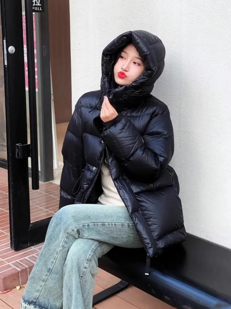 New Fashion Winter Women Adjustable Waist White Duck Down Jacket Hooded Loose Fit Outwear Coat Black Thick Warm Outside Overcoat
