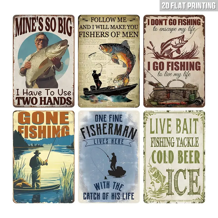 6pcs Vintage Fishing Metal Signs - Fun Fishing Quotes and Rustic Fish Art Wall Decor with Pre-Drilled Holes, 20.32x30.48 cm Vint