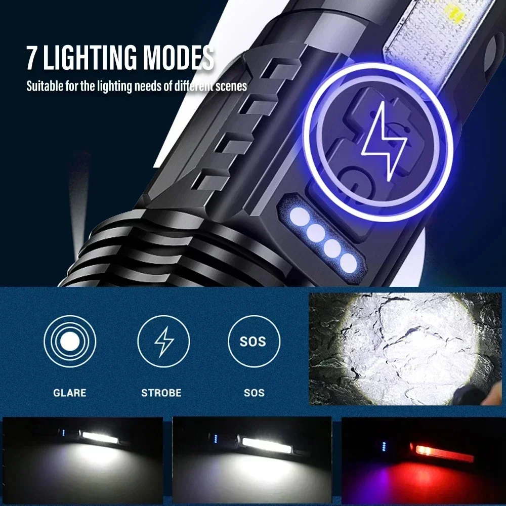 Rechargeable LED Flashlight Zoomable Torch with LED Display 7 Modes Waterproof High Power Hand Light Outdoor Wilderness Camping