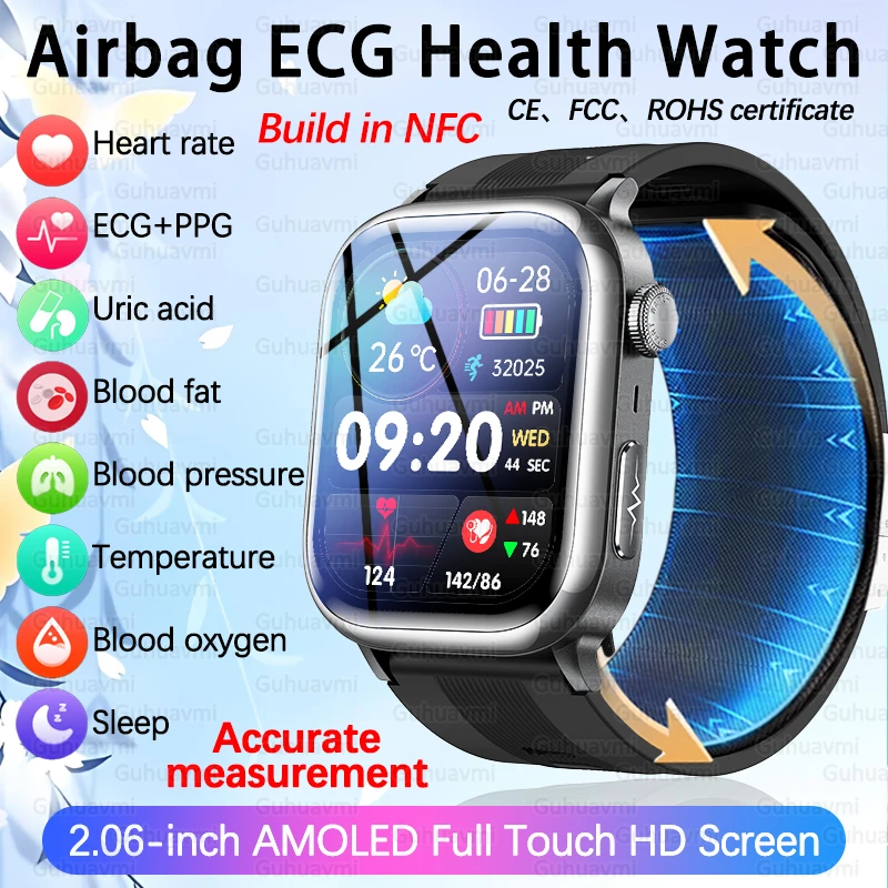 

2025 NFC Health Smart Watch Men AI Diagosis ECG Blood Pressure Lipid Uric Acid Air Pump Airbag Health Smartwatches Women For IOS