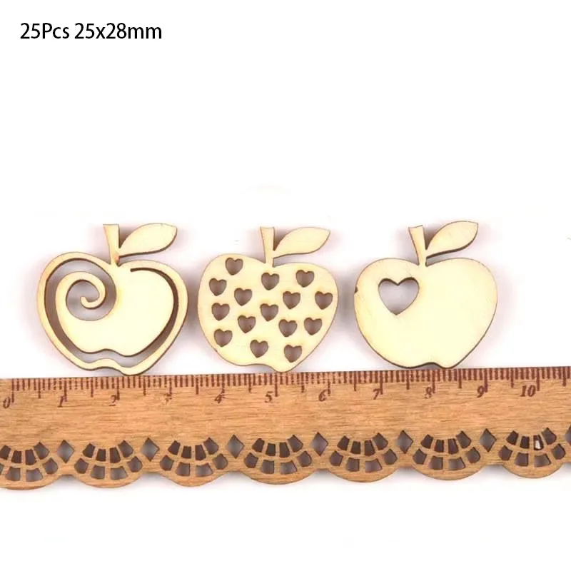 25 sztuk Mix drążą jabłko wzór drewna rzemiosła do wystroju domu DIY akcesoria Handmade księga gości drewniany Ornament 25x28mm m1778