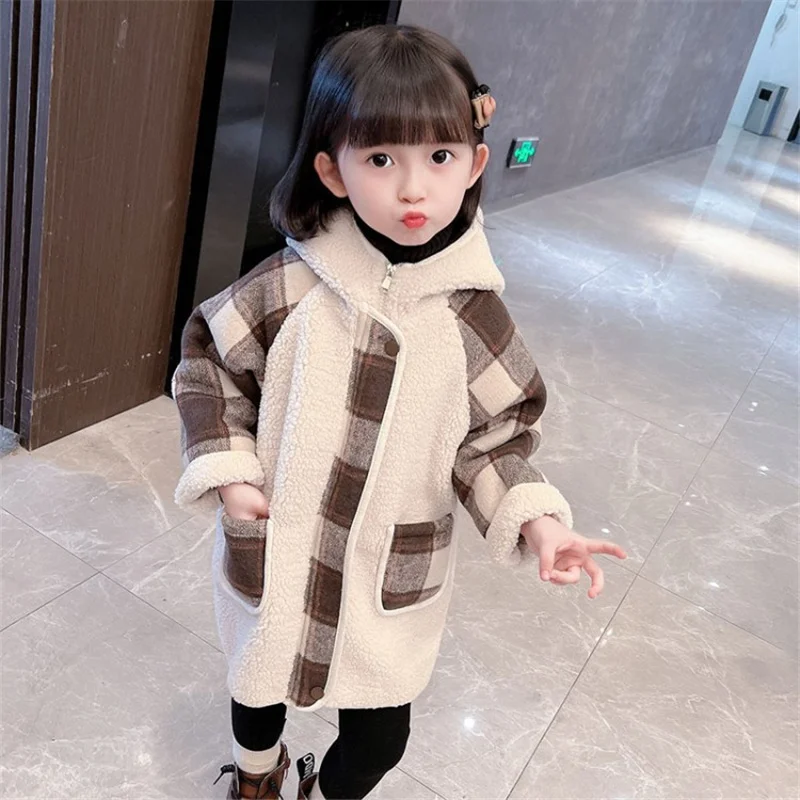 Girls Warm Lambswool Jackets Autumn Winter Thick Fleece Long Coat Kids Plaid Parka Clothes Children Woolen Outerwear 2-6 Years