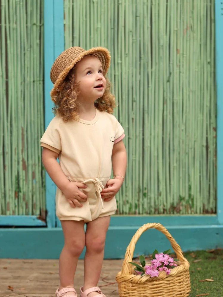 High Quality Baby Girl Clothing Short Sleeves V-Neck Summer Causal Toddler Romper Kids Girls Cute Smiling Face Pattern Rompers