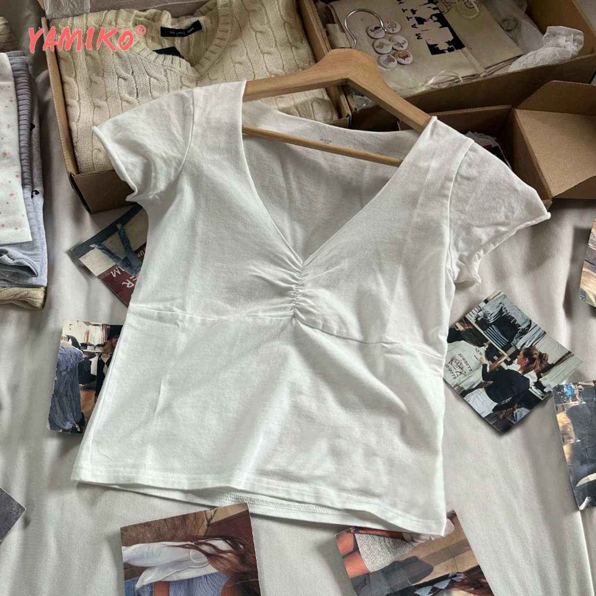 Ruched Trending T-Shirt Women Summer Clothes Cotton Raw Cut Short Sleeve Tees Crop Tops 2000s Y2K Girls Youthful T-Shirts 2024