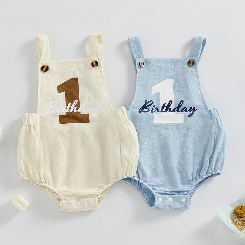 Pudcoco Infant Baby Girl Boy Birthday Overalls Romper Number and Letter Print Summer Adorable Elastic Band Jumpsuits 6-18M