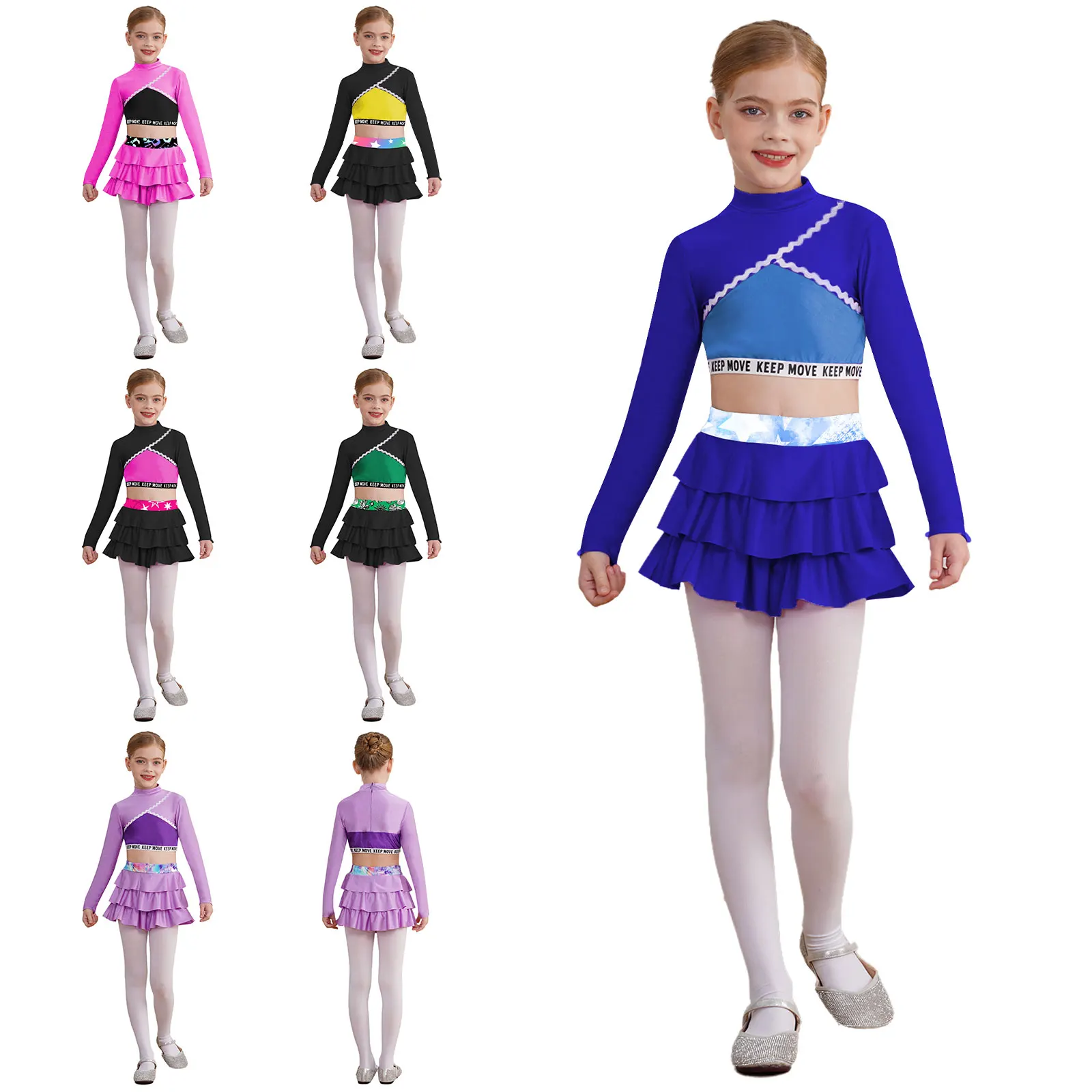 Completo da ragazza 2 pezzi per danza atletica, top corto a maniche lunghe con gonna sportiva, set da tennis, golf, abbigliamento sportivo, abbigliamento da ballo attivo