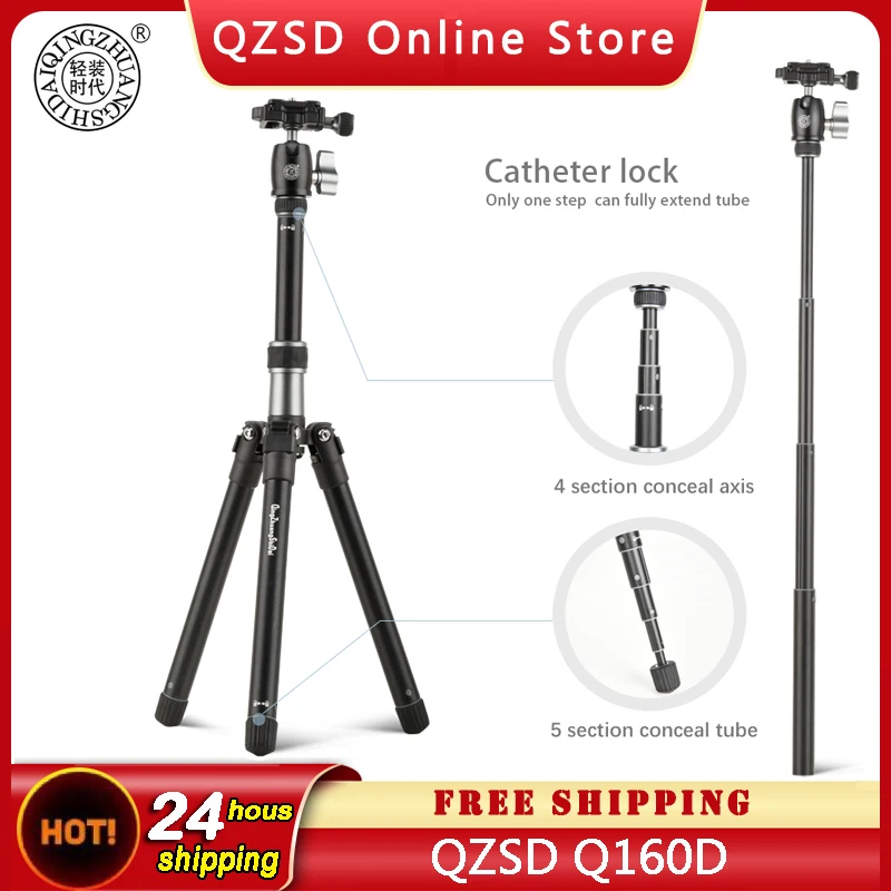 QZSD Q160D Travel Aluminium Tripod Mini Tripod Stand can be Divided Into a Tripod or 69cm Selfie Stick or Monopod with Ballhead