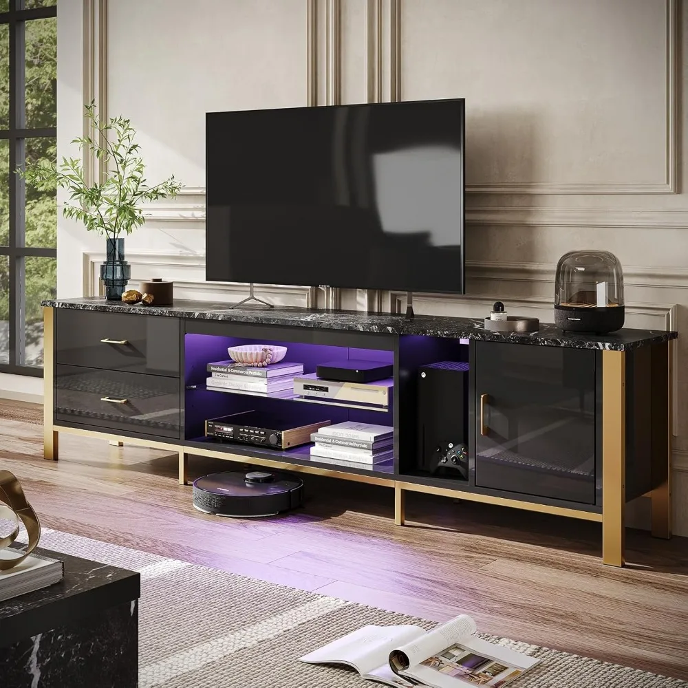 TV Stand for 75/80/85/90 Inch TVs, LED Gaming Entertainment Center, Modern TV Cabinet with Glass Shelves for Living Room, 2 Sto