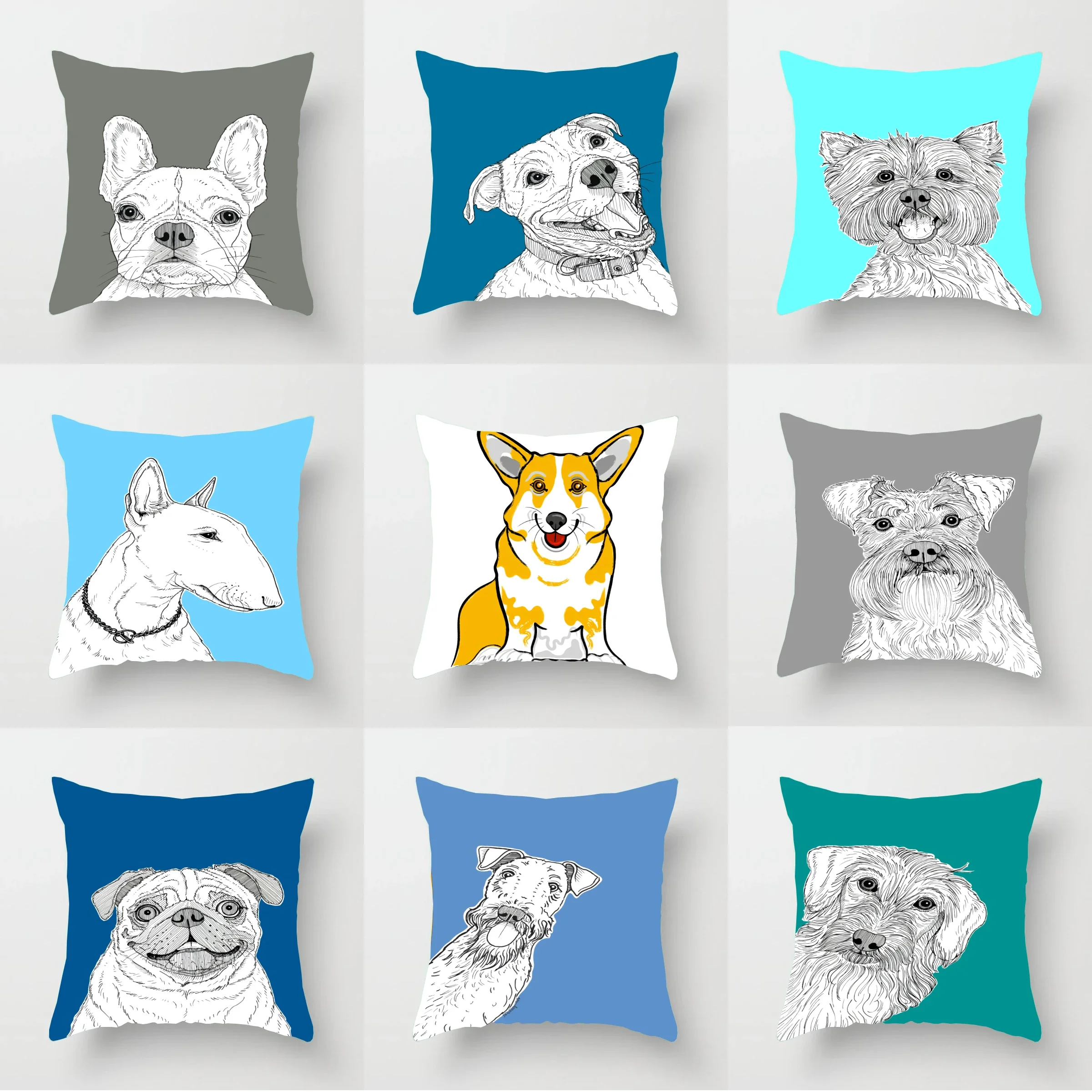 Sketch Cartoon Dog Square Pillow Cushion Cover Car Sofa Office Chair Polyester   Simple Home Decoration Ornament