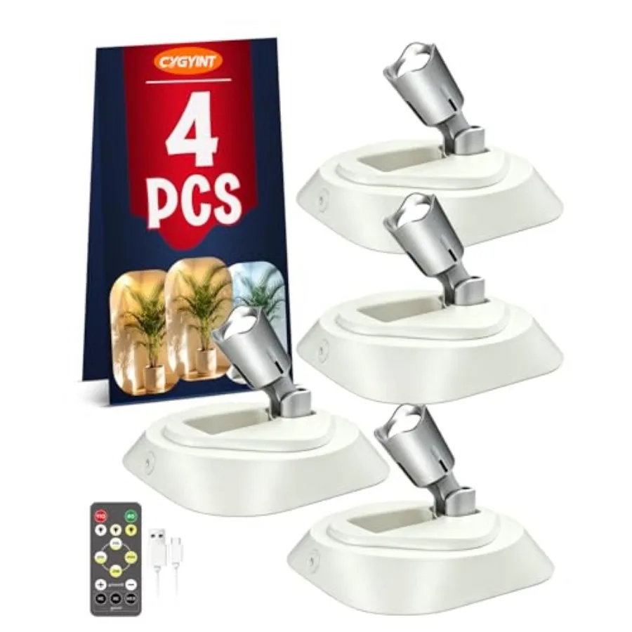 4 Pack Spot Lights Indoor Led Spotlight, Rechargeable Battery Wireless Up Lights Indoor Timer Remote, Small Dimmable Uplight fo