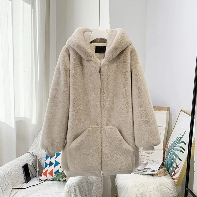 Winter Clothes Women 2024 Fashion Faux Rabbit Fur Coat Jacket Zipper Hooded Thick Warm Sporty Korean Causual Overcoat Streetwear