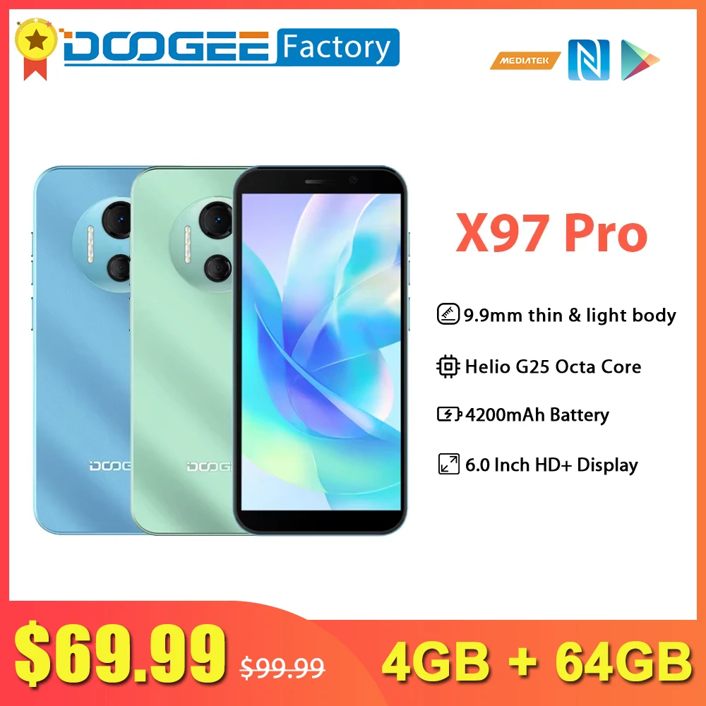 Doogee X97 Pro 4GB 64GB Android 12 Smartphone 6.0 Inch HD Display Octa Core Cellphone 12MP Camera NFC 4200mAh Telephone