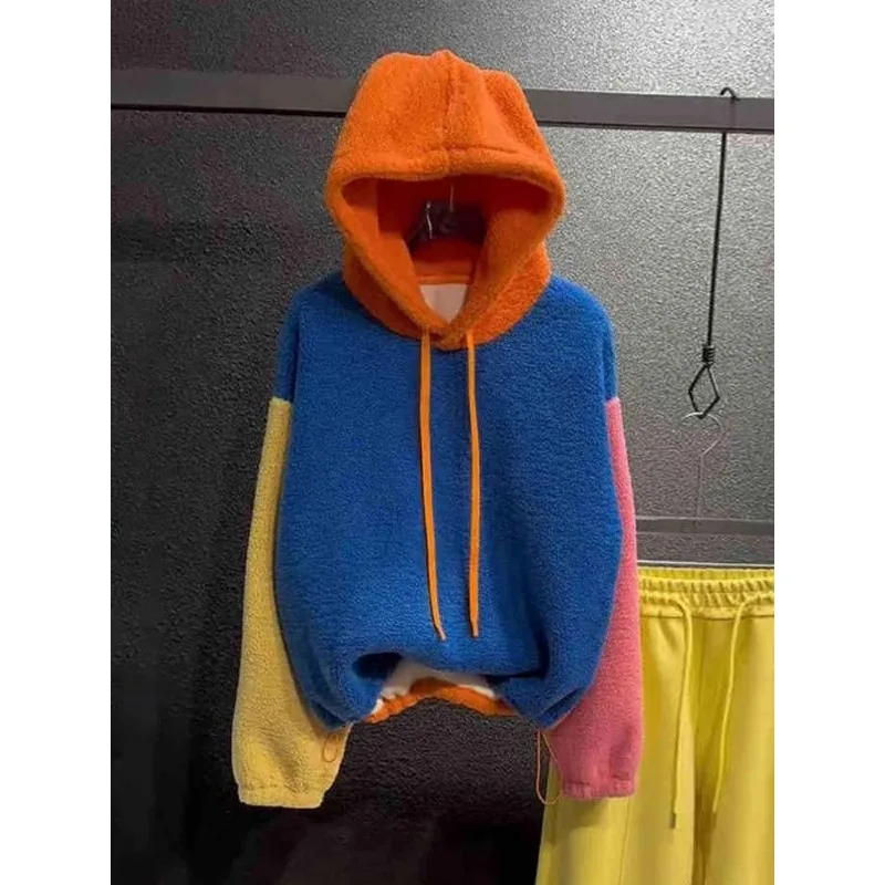 カラーブロック長袖フード付きスウェットシャツ レディース 2025年秋新作 韓国風ルーズファーコート 多用途トップス