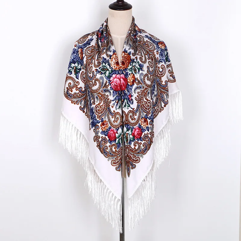 

Russian National Square Scarf Women Traditional Ukrainian Fringed Shawl Retro Floral Pattern Headscarf Wraps E730