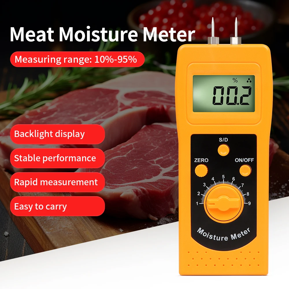 DM300R Portable Meat Moisture Meter Pork Beef Duck Chicken Bacon Moisture Analyzer Carton Concrete Paper Wood Moisture Meter