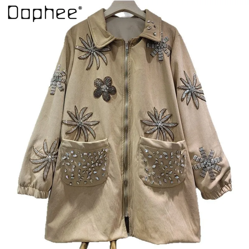 French Fashion High-end Heavy Diamond Lapel Fashion Imitation Deerskin Fleece Jacket Autumn Winter New Trend Loose Casual Jacket