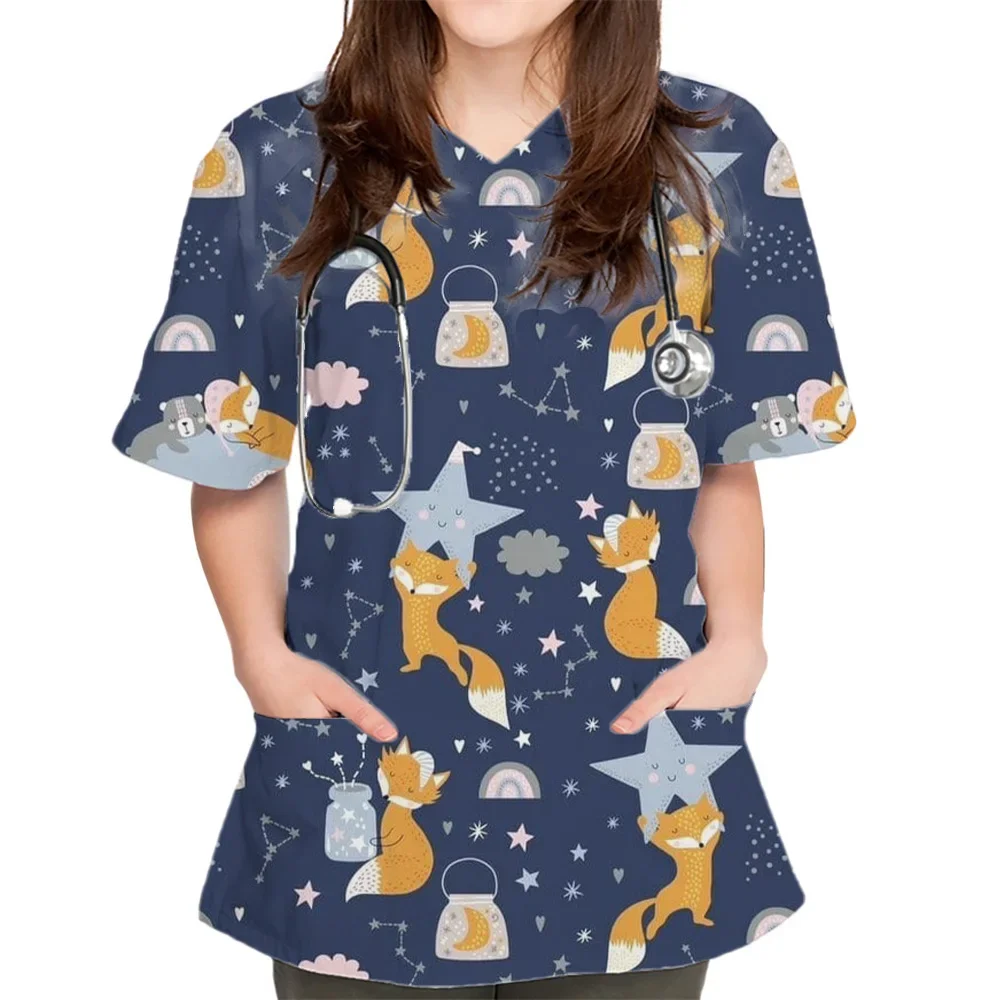 Nursing V Para Mujer Uniforme De Veterinario Dental Enfermera Blusa Trabajo Con Estampado Dibujos Animados Camisetas Para Mujer