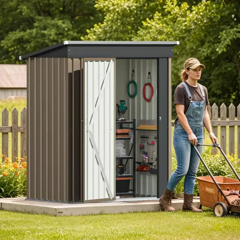 5x3 Outdoor Metal Storage Shed with Lockable Door and Sloping Roof for Garden or Patio, Brown