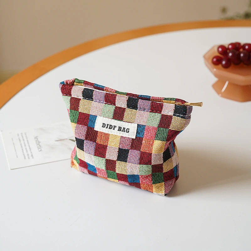 Double Layer Small Color Plaid Women\'s Makeup Bag Portable Coin Purse Key Case Cosmetic Lipstick Storage Bag Commuter Liner Bag