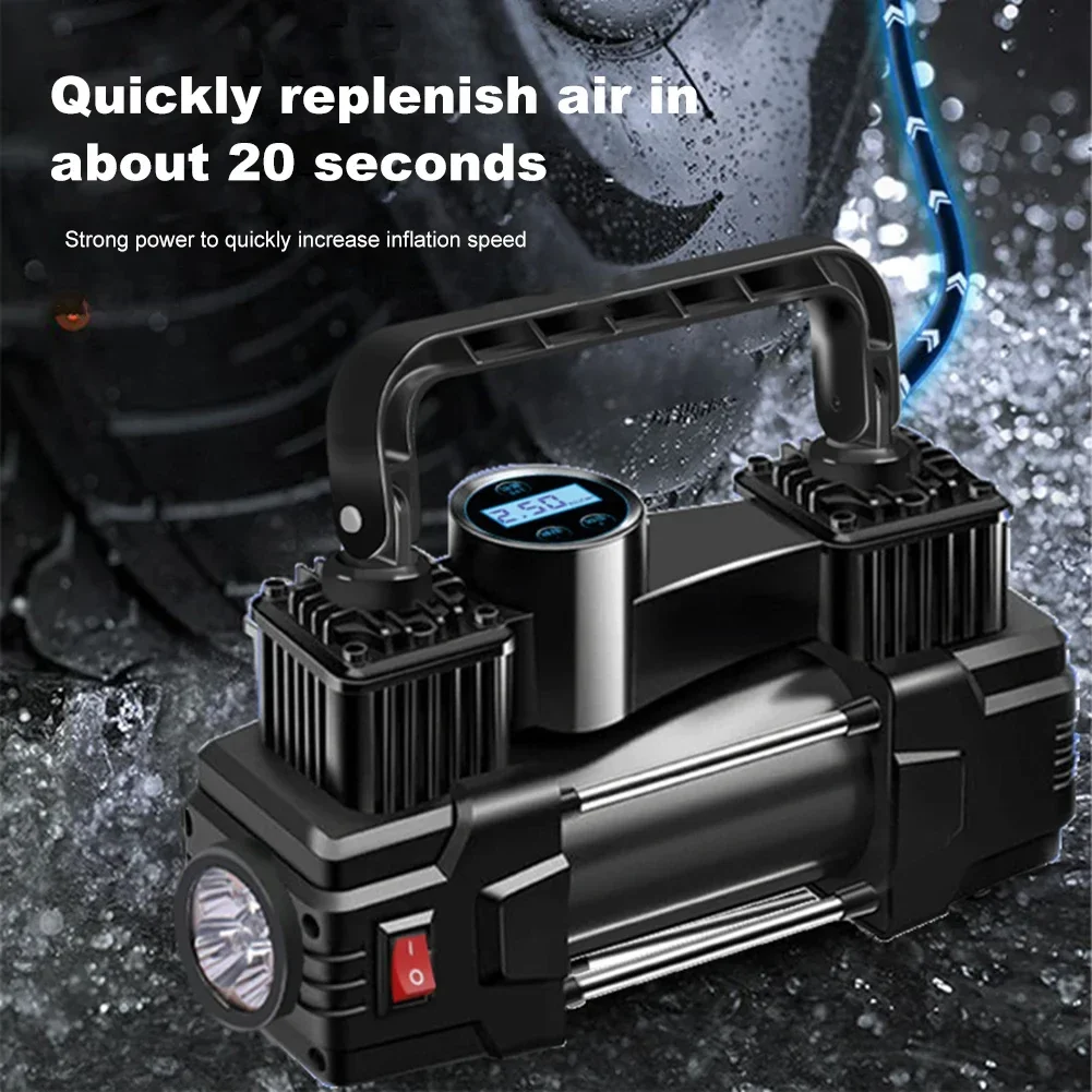 12V 150PSI Heavy Duty Dual Cylinder Air Compressor Portable Car Truck Tire Inflator with LED Light Mini Electric Air Pump