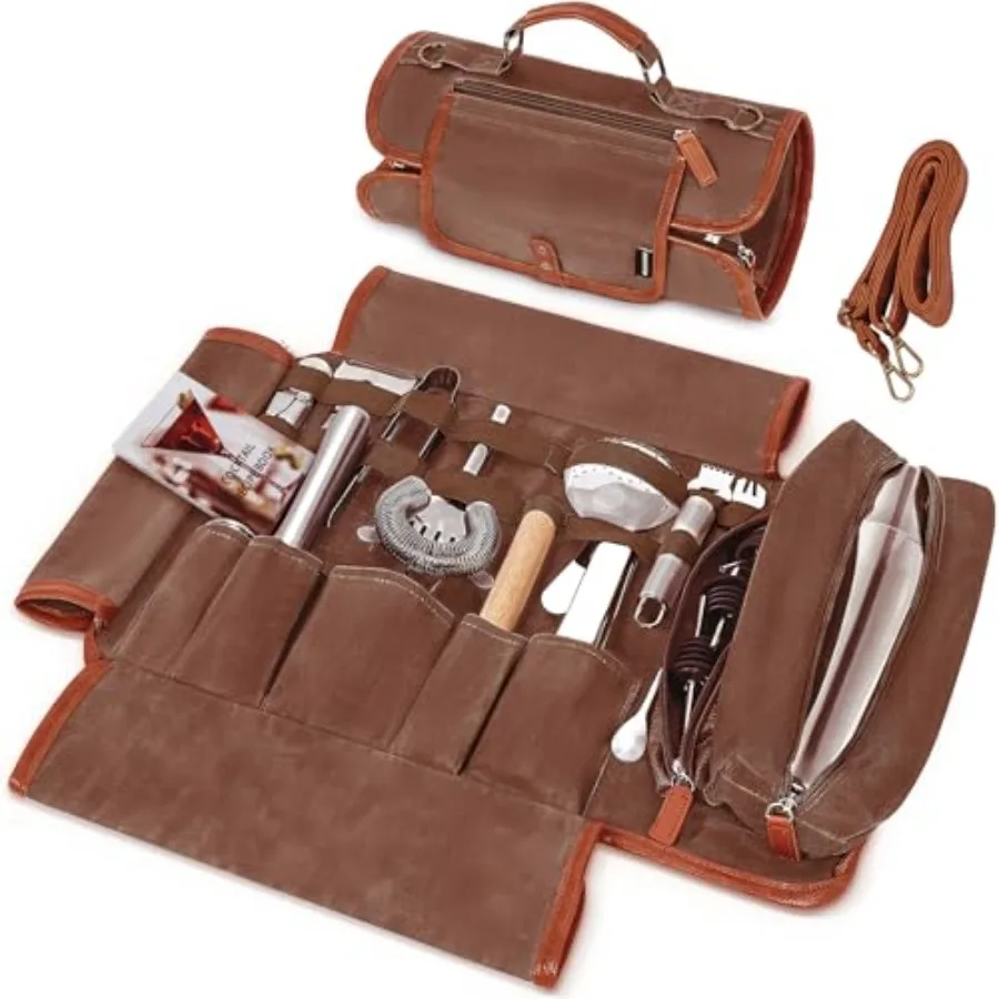 

Travel Bartender Kit Bag with 22-Pc Cocktail Shaker Set Waxed Canvas Protable Carrying Bartender Bag with Stainless Steel Bar T