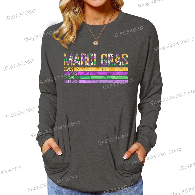 Mardi Gras Women T-shirt Long Sleeve O Neck Loose Ladies Tshirt Beads Parades Crawfish Kingcake New Orleans Mardi-Gras T Shirt