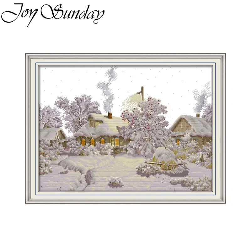 Joy Sunday Winter Village Cross Stitch Kit Aida Fabric 16/14/11CT Printed Canvas DMC Thread DIY Needle Landscape Embroidery Kit