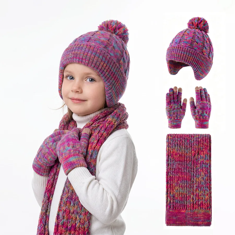 3pcs Winter Warm Hat Scarf Gloves Set for Children Knitted Design Pom Pom Earflap Touchscreen Windproof for Cold Days