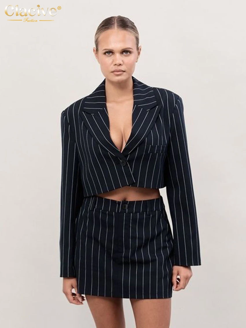 Clacive Fashion Loose Black Stripe Women\'s Two Pieces Set 2025 Elegant Long Sleeve Crop Shirt With High Waist Mini Skirt Set