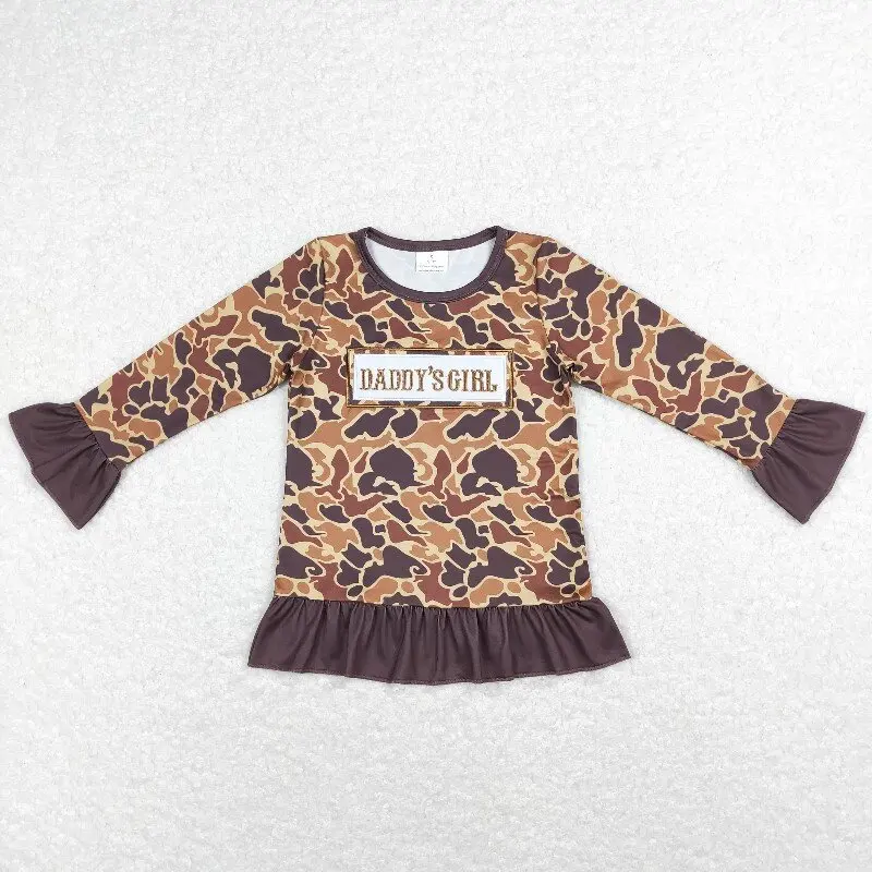 

New rts baby girls spring tops wholesale boutique embroidered daddy's girl letter brown camouflage long sleeve girls shirts