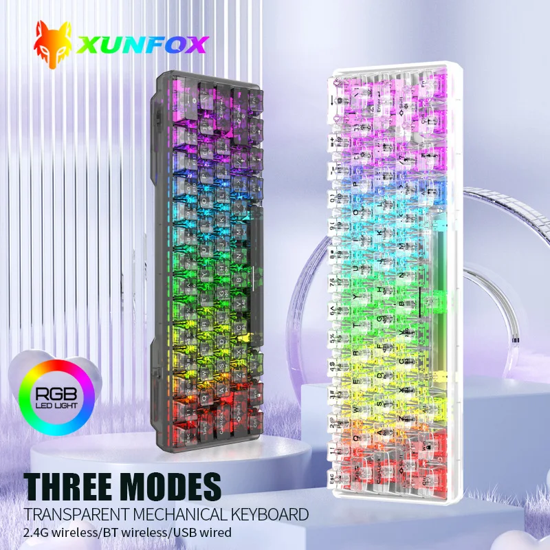 

Transparent RGB Backlight Wireless Keyboard Bluetooth/2.4G/Wired 3 Mode Hot Swappable Mechanical Keyboard 61Keys Gaming Keyboard