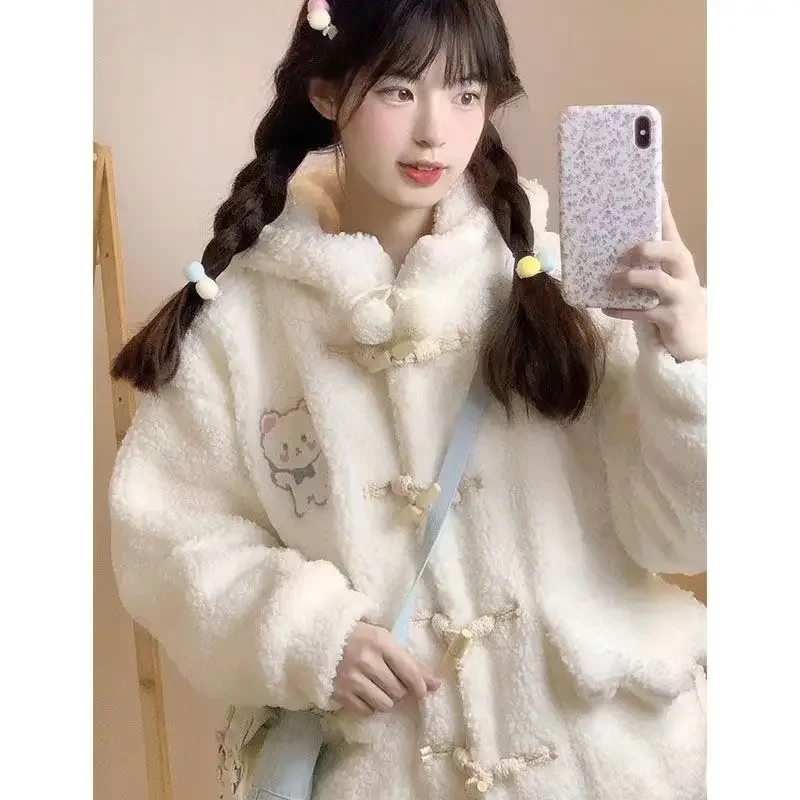 MAGOGO Winter Kawaii Embroidered Bear Wool Coat Women Loose Japanese Sweet Lolita Outwear Jacket Warm Cute Hoodies Overcoat
