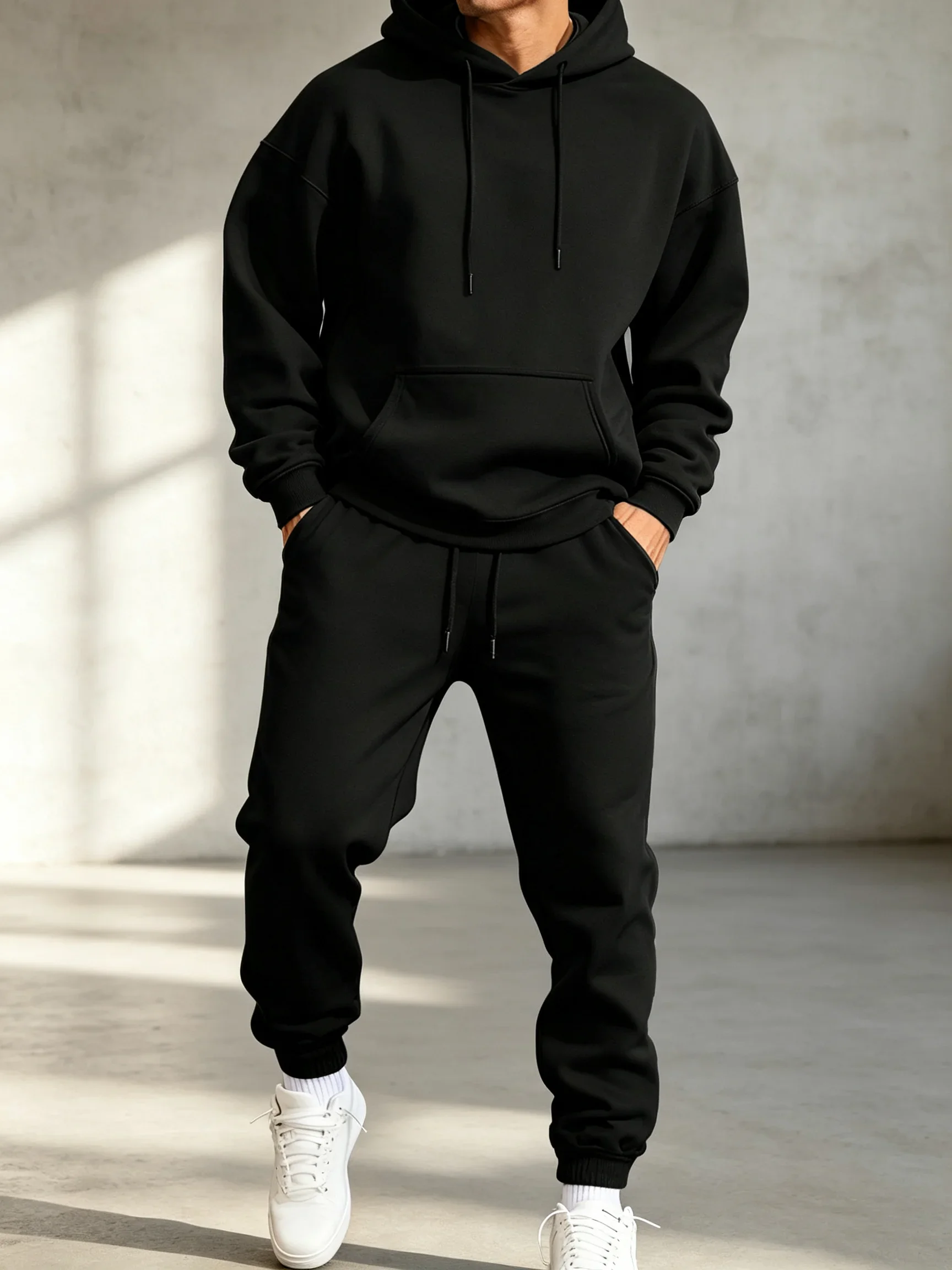 Man's Hoodie Set Winter Solid Color Two Pices Sets Long-Length Street Clothes Casual Sports Sweatpant Hoody Unisex Fashion Suit