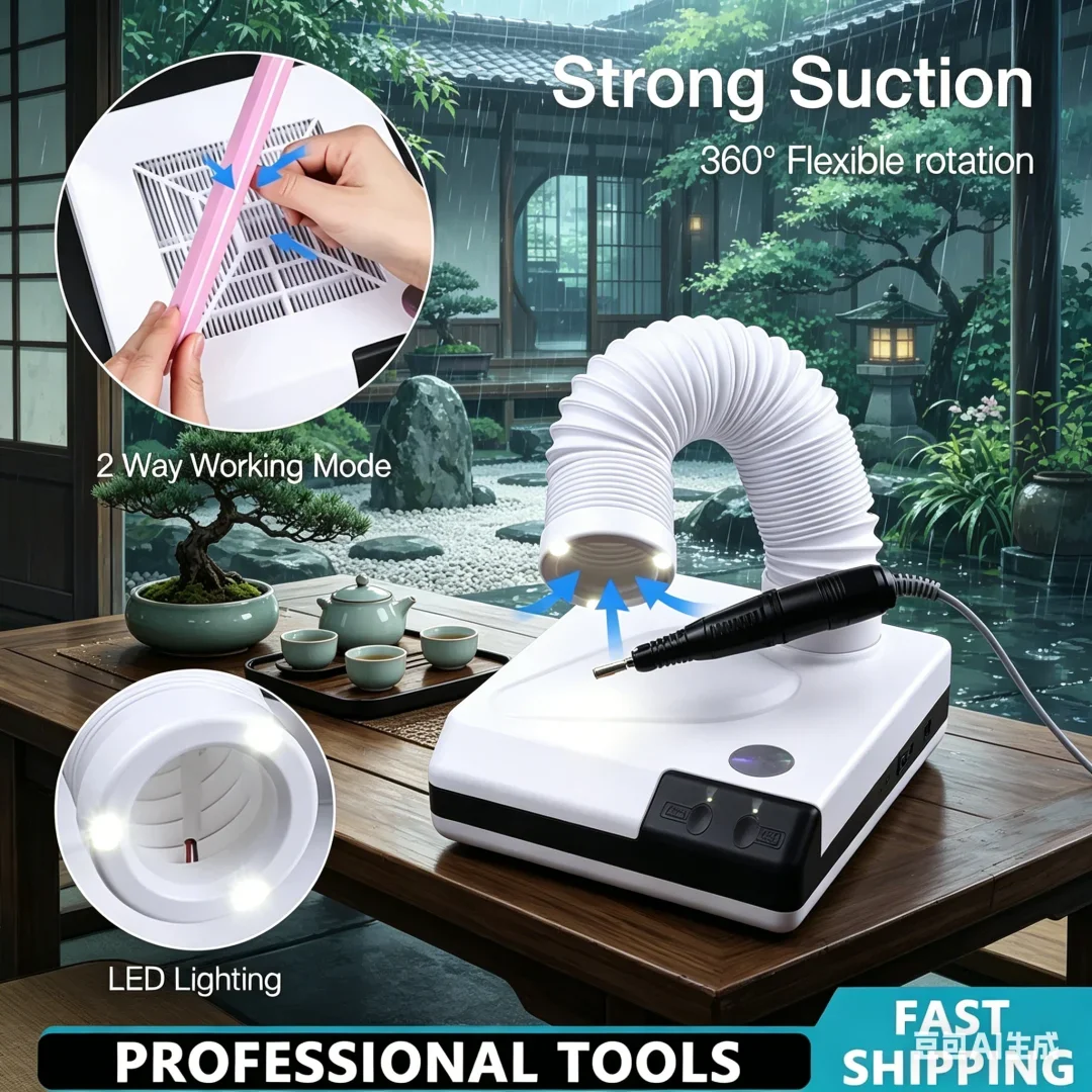 Luxurious 60W Dual Purpose Nail Dust Collector Adjustable Curved Elbow Design Nail Dust Extractor Fan Nail Vacuum Cleaner