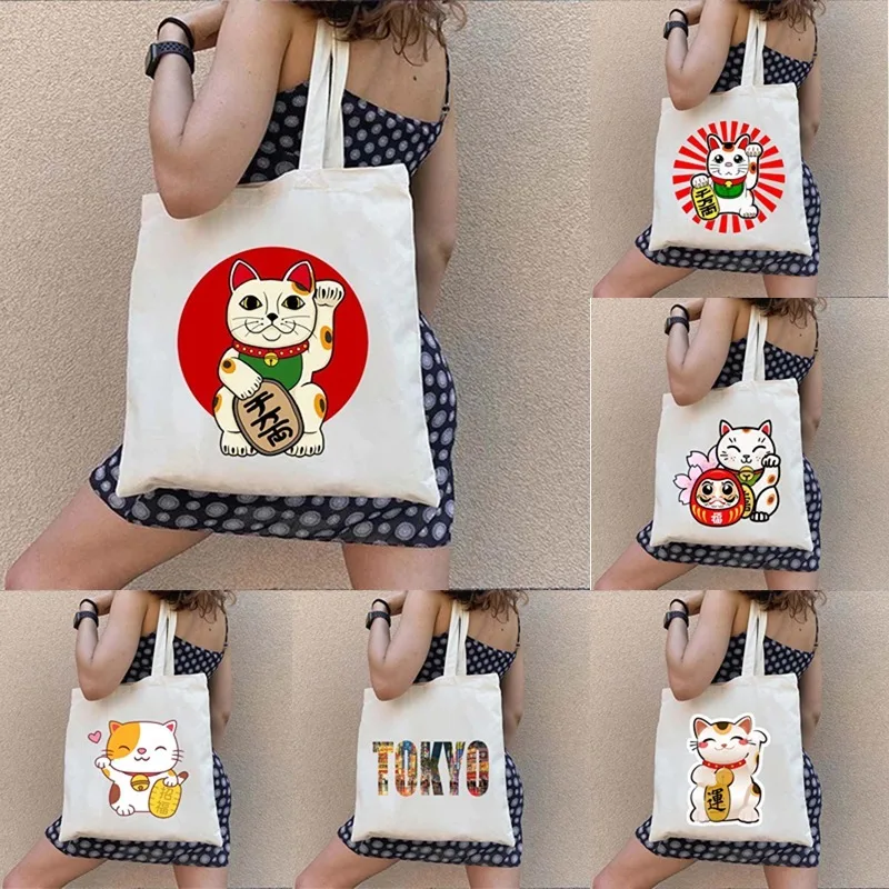 

Lucky Cat Pattern Women's Printed Shoulder Kawaii Large Capacity Eco Portable Shopping Bag Girls Canvas Casual Tote Bag Gift