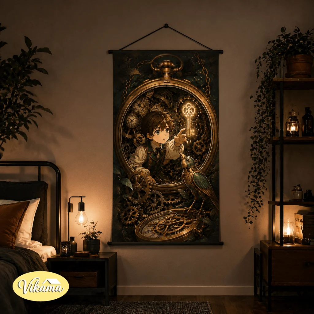 VIKAMA Steampunk Fantasy Anime Tapestry Wall Hanging Brass Gear Mechanical Bird Floral Wall Art Decor for Living Room Dorm
