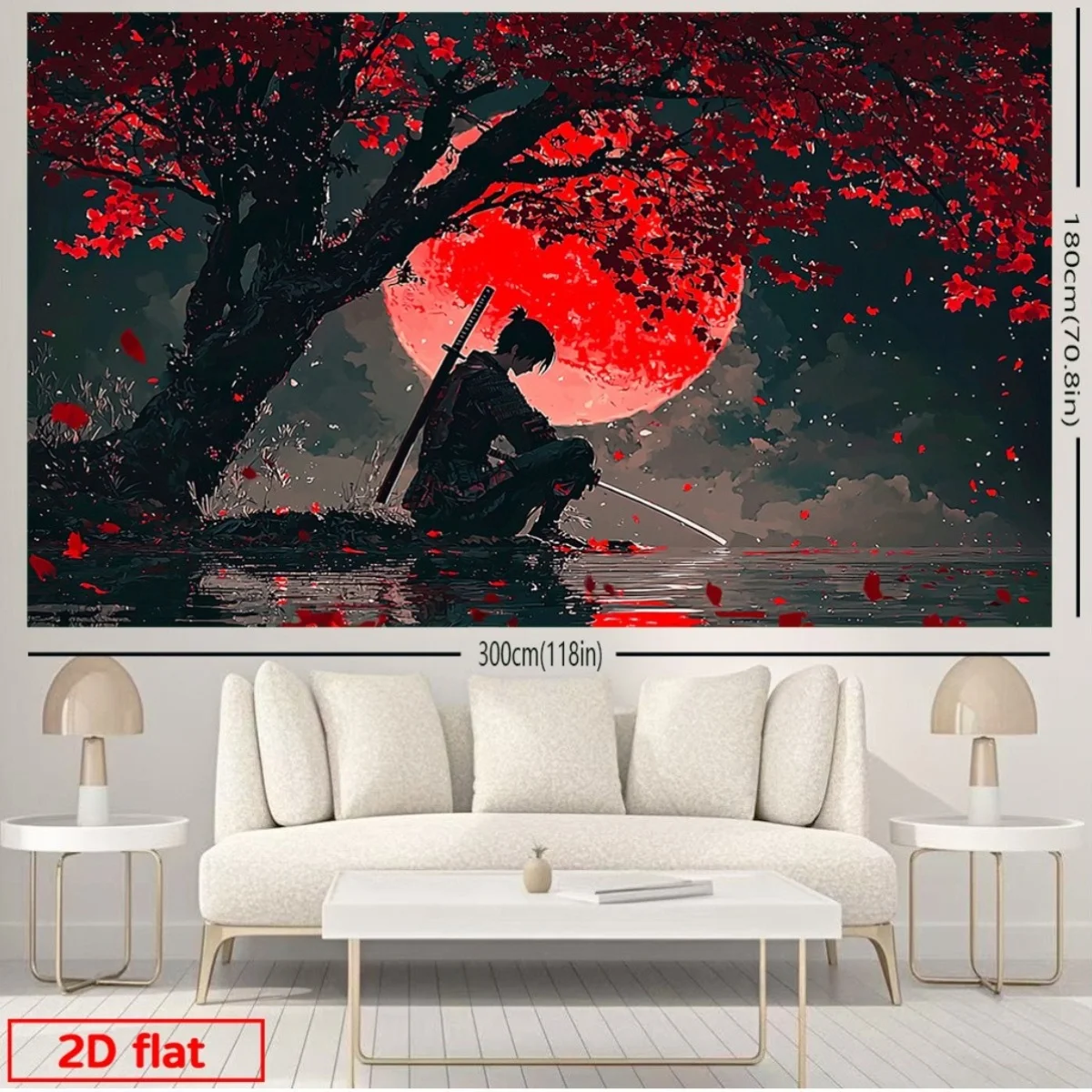 Crouching Samurai Red Moon Tapestry Red Maple Tree Warrior Katana Wall Hanging, Dark Japanese Anime Art Tapestry Bedroom Decor