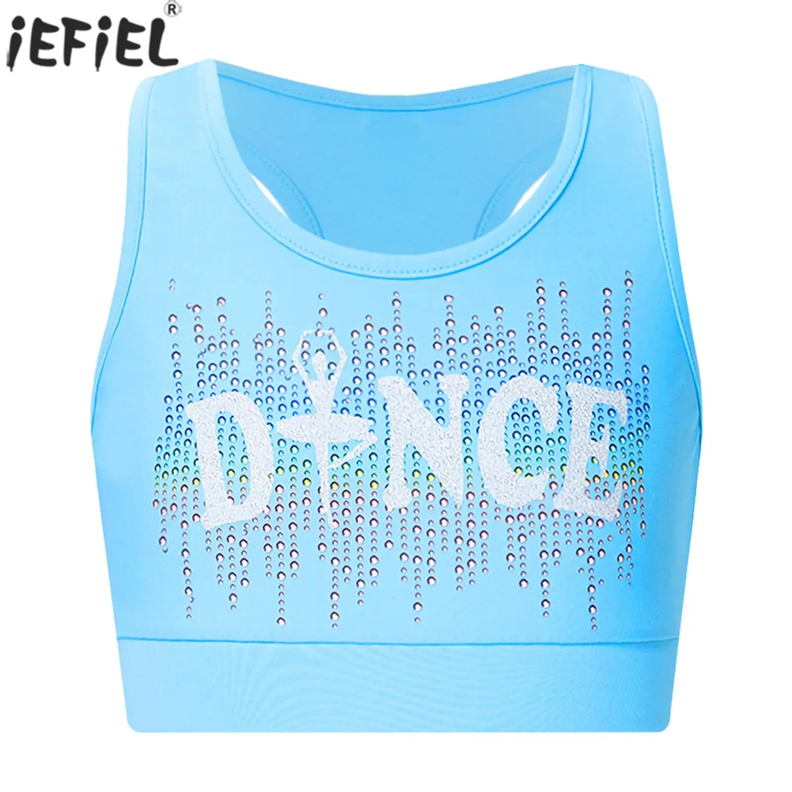 Kids Girls Sports Vest Sleeveless Shiny Rhinestone Racerback Crop Tops Gymnastics Dance Performance Workout Tank Top Sportswear