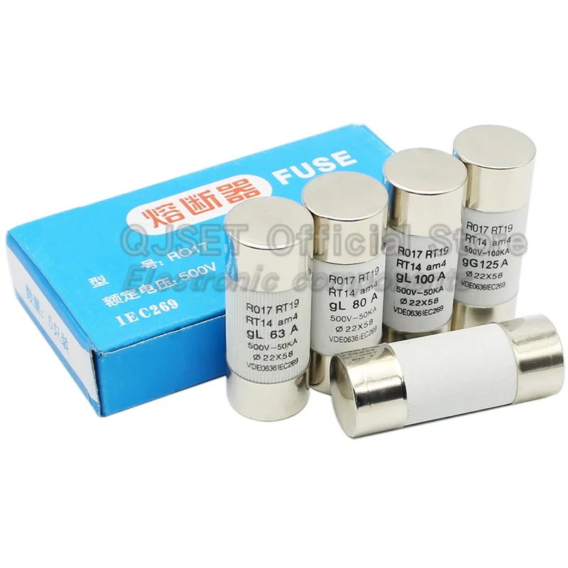 5 stks QJSET RO17 Keramische Zekering Buis R017 Quick Disconnect PV Solar Zekering 22X58mm 500 V 63A 80A 100A 125A RT14 RT19 RT18-125 22*58mm
