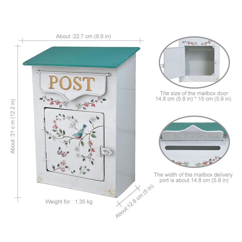 Farmhouse Wall Mounted Mailbox Metal Material Bird Pattern Leaving Message Outdoor Garden Decoration
