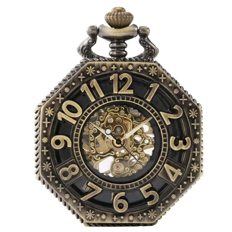 Bronze Hollow Octagon Shape Men Women Handwind Mechanical Pocket Watch Skeleton Clock FOB Pendant Chain Roman Number Display