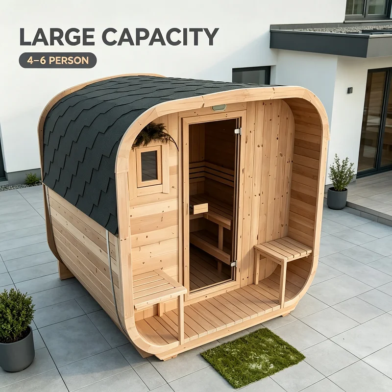 Cube Pod Outdoor Sauna Cabin, Anti‑Rot Natural Wood Dry Steam 4‑6 Person Oversized Glass for Holiday Rental Backyard